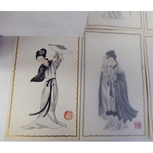 40 - A series of twelve 20thC Chinese figure studies - young women, displaying fashionable costumes  wate... 