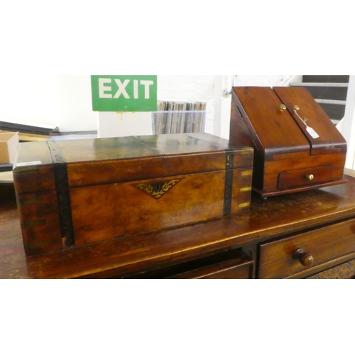 86 - A 19thC brass banded walnut writing slope with straight sides and a hinged lid  7