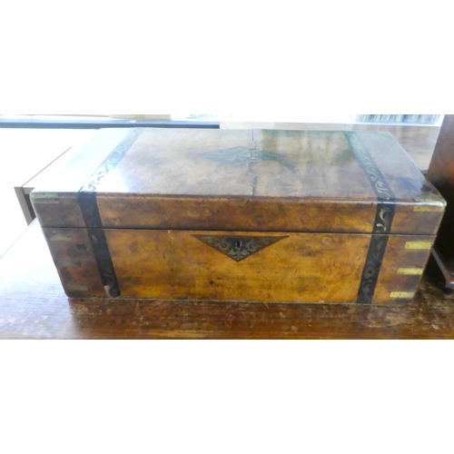 86 - A 19thC brass banded walnut writing slope with straight sides and a hinged lid  7