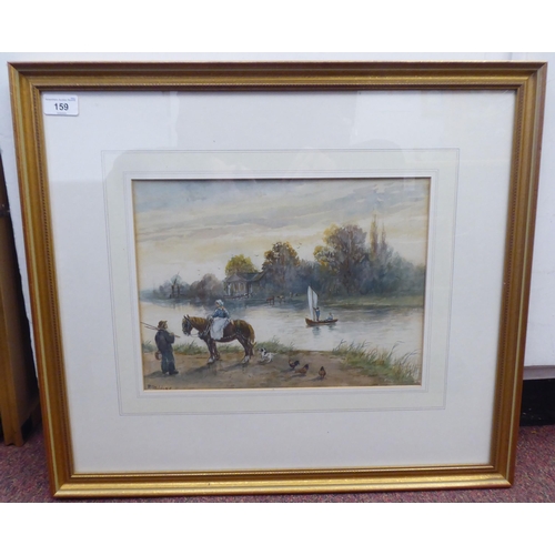 144 - RT Wilding - 'The Tees at Eaglescliffe' featuring a fisherman in conversation with a girl seated on ... 