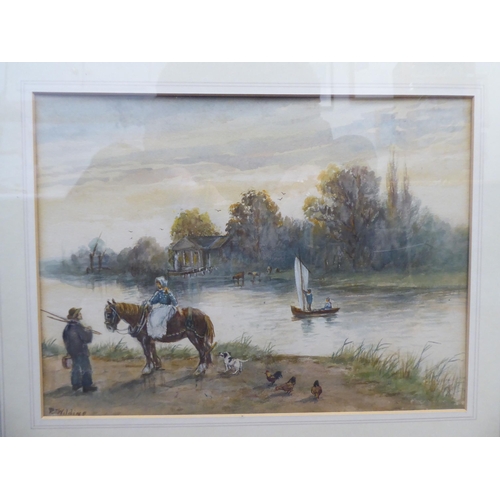 144 - RT Wilding - 'The Tees at Eaglescliffe' featuring a fisherman in conversation with a girl seated on ... 