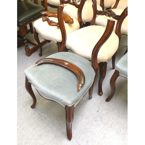 11 - A matched set of ten late Victorian carved mahogany framed balloon back dining chairs with overstuff... 