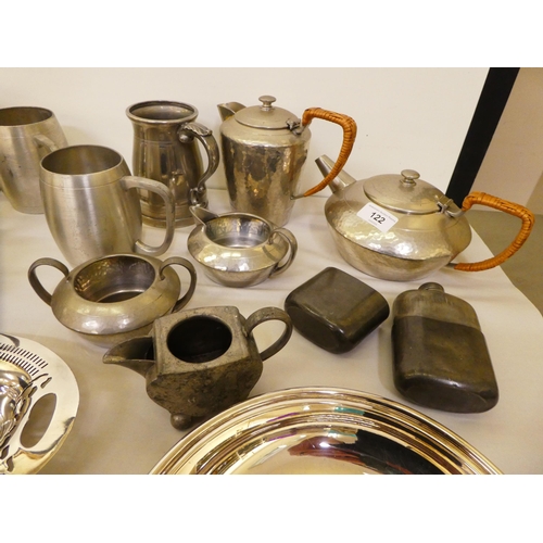122 - Silver plated and pewter tableware: to include spot hammered Tudric teaware