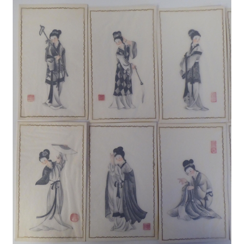 139 - A series of twelve 20thC Chinese figure studies - young women, displaying fashionable costumes  wate... 