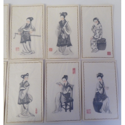 139 - A series of twelve 20thC Chinese figure studies - young women, displaying fashionable costumes  wate... 