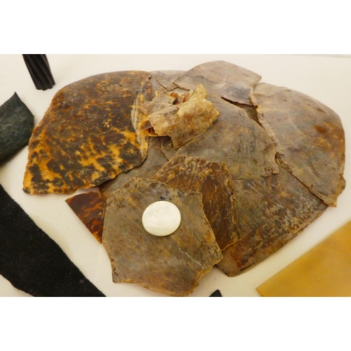 147 - A box of restoration materials: to include fragments of tortoiseshell, bone and mother-of-pearl
