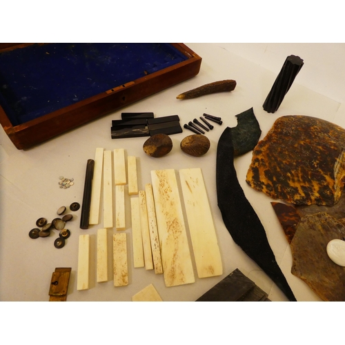 147 - A box of restoration materials: to include fragments of tortoiseshell, bone and mother-of-pearl