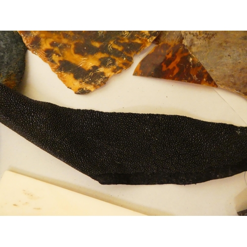 147 - A box of restoration materials: to include fragments of tortoiseshell, bone and mother-of-pearl