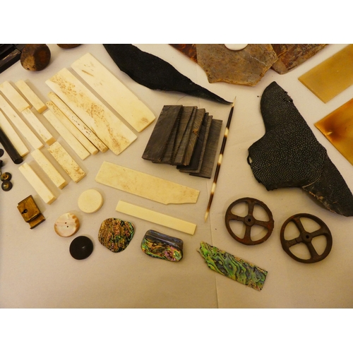 147 - A box of restoration materials: to include fragments of tortoiseshell, bone and mother-of-pearl