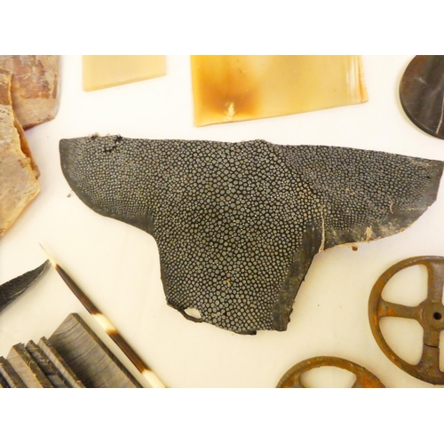 147 - A box of restoration materials: to include fragments of tortoiseshell, bone and mother-of-pearl