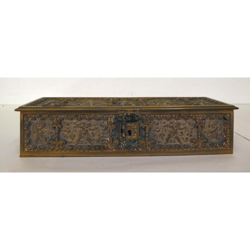 167 - A 19thC brass casket with a hinged lid and clasp, decorated with cherubic figures&nbsp; 3.5