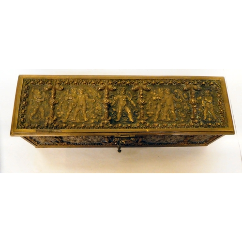 167 - A 19thC brass casket with a hinged lid and clasp, decorated with cherubic figures&nbsp; 3.5