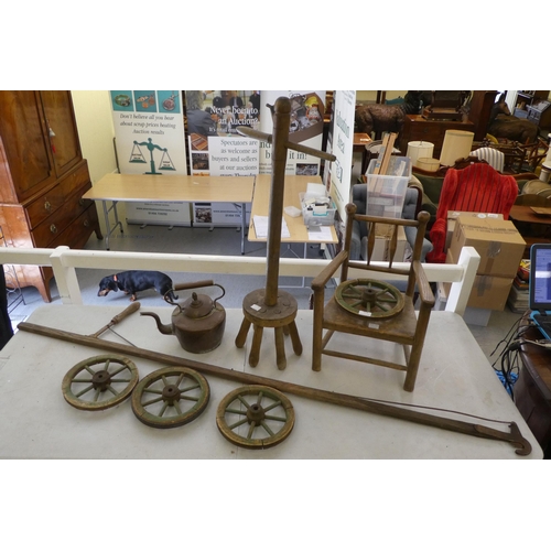 172 - 19thC vernacular collectables: to include a child's open arm chair with a solid seat; a set of four ... 
