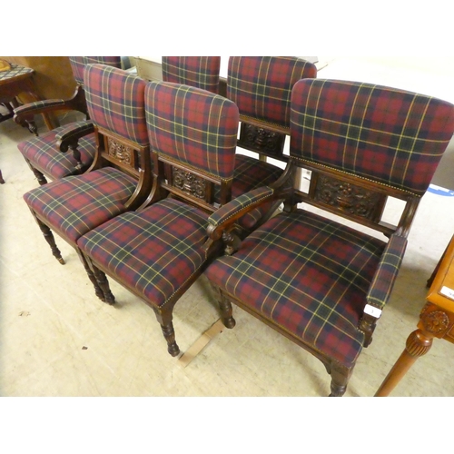 3 - A set of six late Victorian oak framed dining chairs, each with a tartan fabric upholstered back and... 