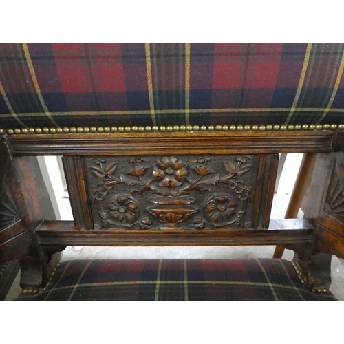 3 - A set of six late Victorian oak framed dining chairs, each with a tartan fabric upholstered back and... 