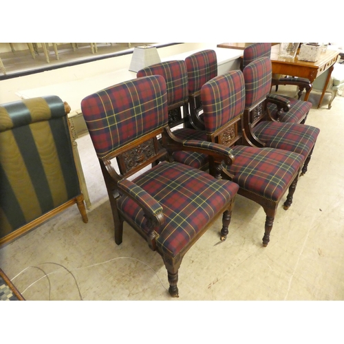 3 - A set of six late Victorian oak framed dining chairs, each with a tartan fabric upholstered back and... 