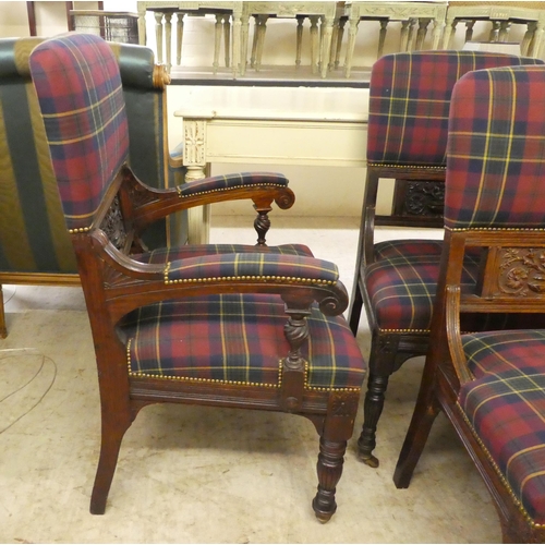 3 - A set of six late Victorian oak framed dining chairs, each with a tartan fabric upholstered back and... 