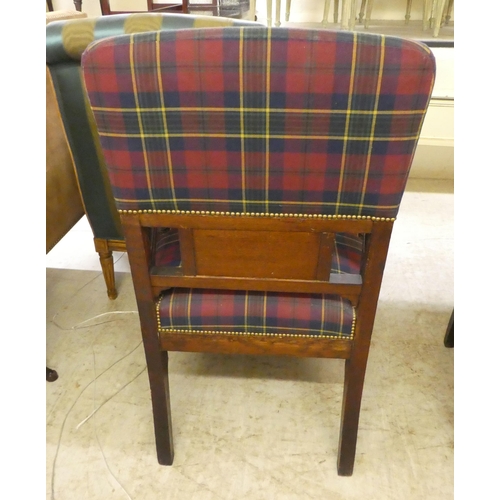 3 - A set of six late Victorian oak framed dining chairs, each with a tartan fabric upholstered back and... 