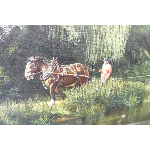 307 - Steve Burgess - a riverscape with a man walking a horse along the bank and a canal boat following&nb... 