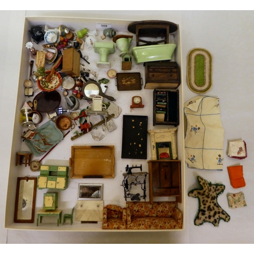 309 - Dolls house furniture, circa 1890-1950: to include kitchenalia and musical instruments