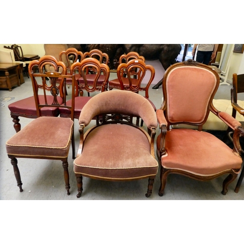 319 - Chairs: to include a late Victorian rosewood and marquetry framed horseshoe shaped salon chair with ... 