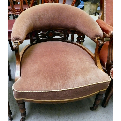 319 - Chairs: to include a late Victorian rosewood and marquetry framed horseshoe shaped salon chair with ... 