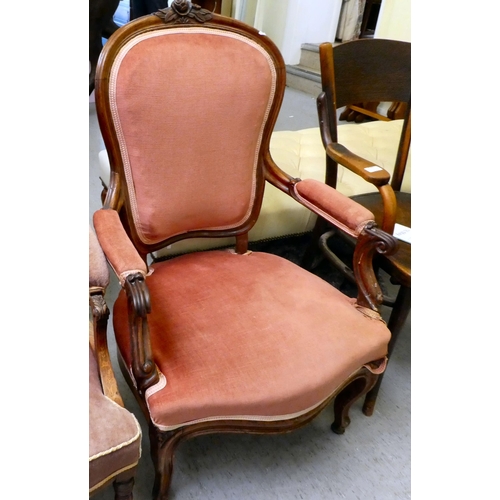 319 - Chairs: to include a late Victorian rosewood and marquetry framed horseshoe shaped salon chair with ... 