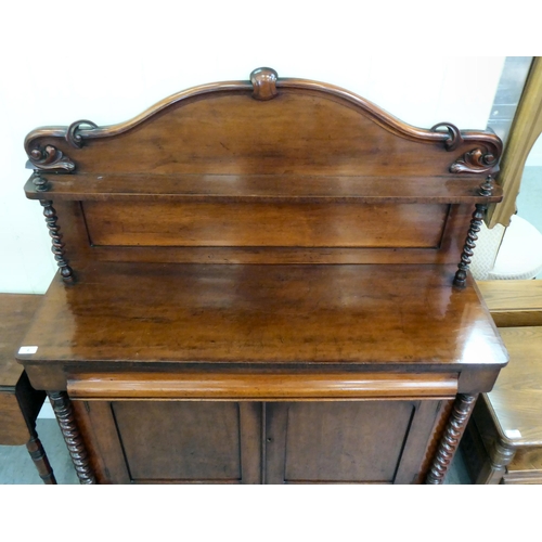 4 - A late Victorian mahogany chiffonier with a panelled back and barleytwist uprights, a frieze drawer ... 