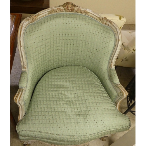 47 - A modern Louis XV design cream painted, green fabric upholstered salon chair, raised on cabriole leg... 