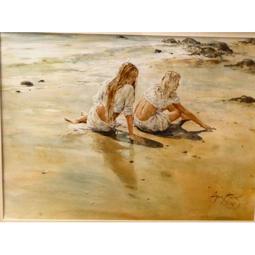 58 - Gordon King - a study of two women seated on a beach  watercolour  bears a signature &... 