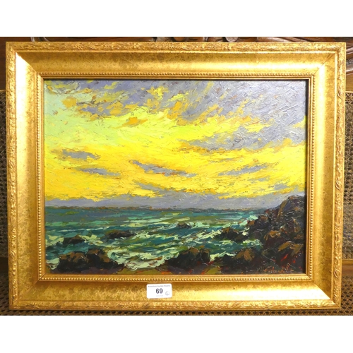 69 - Whitehead - a coastal scene under stormy skies  oil on board  bears a signature & dated '94  12