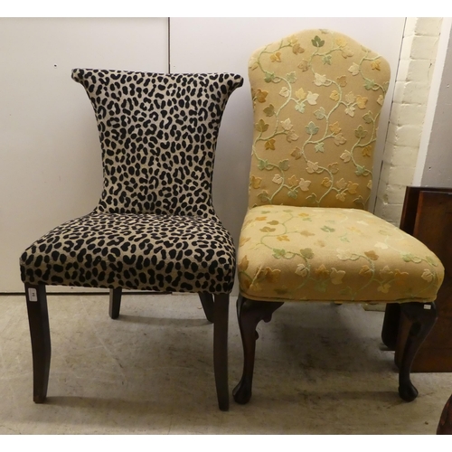 84 - Chairs: to include a bedroom chair, upholstered in leopard print fabric, raised on splayed feet