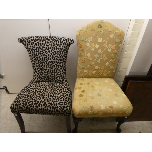 84 - Chairs: to include a bedroom chair, upholstered in leopard print fabric, raised on splayed feet