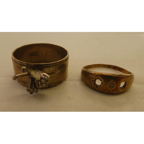 170 - A 9ct gold band ring, set with white stones; and a 9ct gold ring with apertures for stones