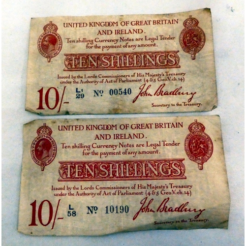 120 - British banknotes, two 2nd Bradbury issue ten shillings 1915-1925, Signatory Bradbury  Li N000540 L5... 