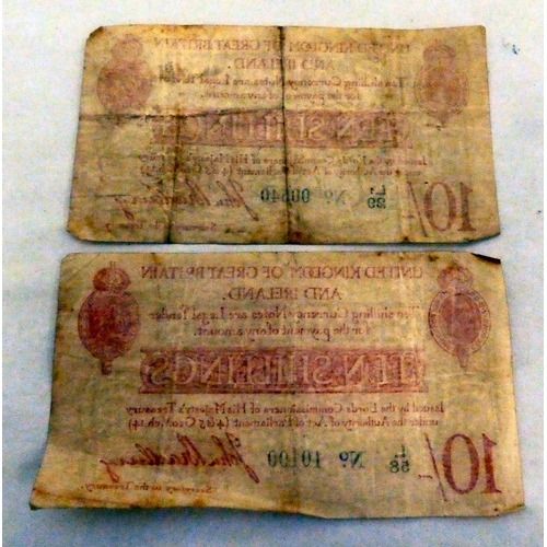120 - British banknotes, two 2nd Bradbury issue ten shillings 1915-1925, Signatory Bradbury  Li N000540 L5... 