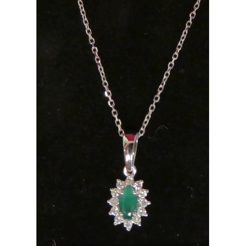 124 - An 18ct white gold, emerald and diamond set pendant, on a fine neckchain