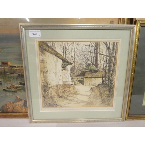 133 - Seven framed pictures: to include after Philip Freeman - 'The Old Granary, Mawnan'  tinted prin... 