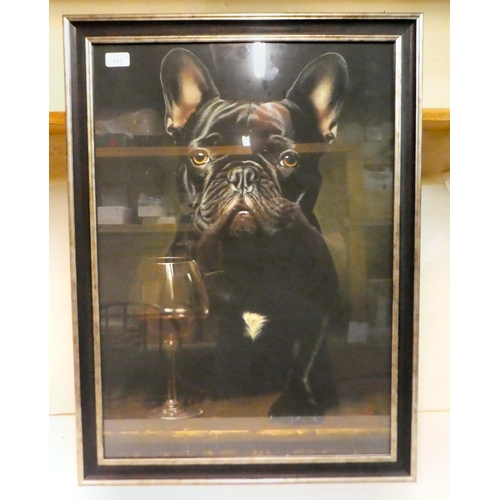 155 - A humorous study, a French bulldog beside a wine glass  coloured print 27