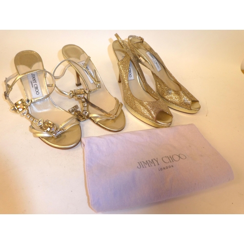 187 - A pair of Jimmy Choo gold coloured lurex sling back shoes  size 39.5; and a pair of Jimmy Choo ... 