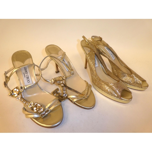 187 - A pair of Jimmy Choo gold coloured lurex sling back shoes  size 39.5; and a pair of Jimmy Choo ... 