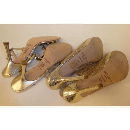 187 - A pair of Jimmy Choo gold coloured lurex sling back shoes  size 39.5; and a pair of Jimmy Choo ... 