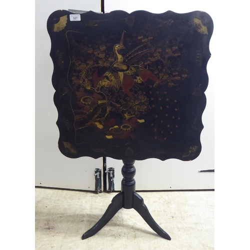 327 - An early 20thC and later Japanese inspired black painted and gilded tip-top pedestal table  28