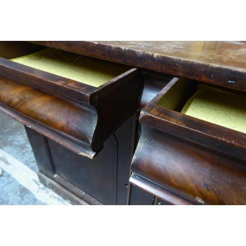 332 - A late Victorian mahogany veneered chiffonier with two frieze drawers, over two arched panel doors, ... 