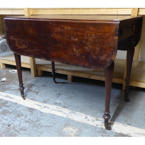 337 - A 19thC crossbanded rosewood and mahogany Pembroke table, raised on turned, tapered legs and casters... 