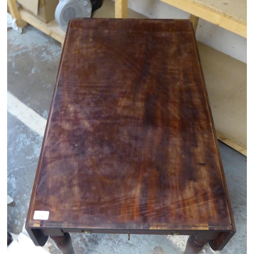 337 - A 19thC crossbanded rosewood and mahogany Pembroke table, raised on turned, tapered legs and casters... 