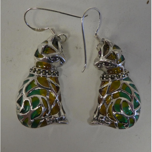 62 - A pair of silver coloured metal and plique-a-jour, cat design drop earrings  stamped 925