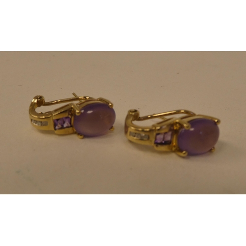 75 - A pair of gold coloured metal, amethyst and diamond set earrings  stamped 10k