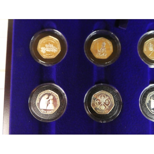 9 - A set of 11/12 Royal Mint Coronation Anniversary silver proof 50p coin collection, in a fitted case