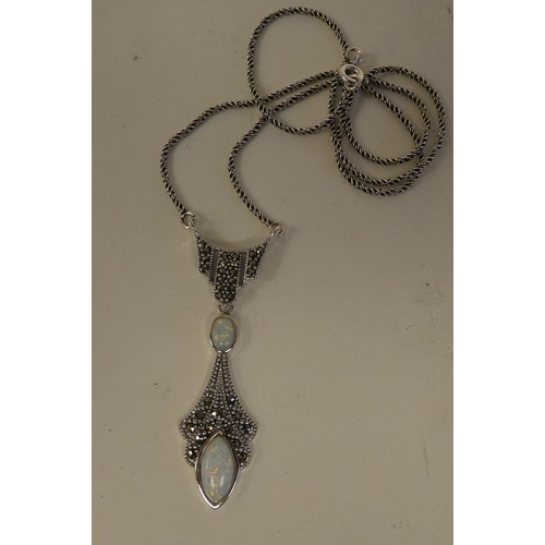 107 - A silver, marcasite and opal set necklet  stamped 925